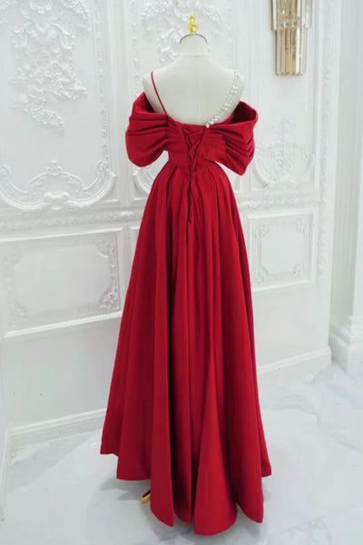 Red Satin Off Shoulder Long Prom Dresses, One Shoulder Red Formal Dresses, Red Evening Dresses WT1419