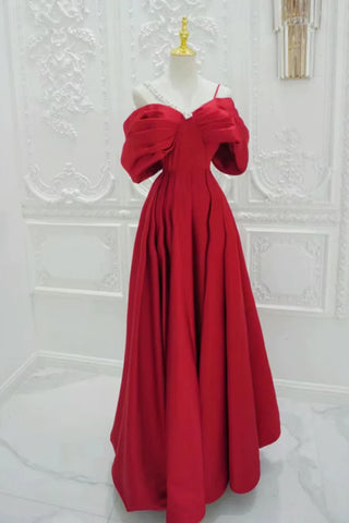 Red Satin Off Shoulder Long Prom Dresses, One Shoulder Red Formal Dresses, Red Evening Dresses WT1419