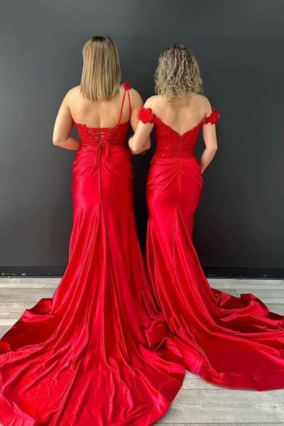 Red Satin Off the Shoulder Mermaid Lace Long Prom Dresses, One Shoulder Red Formal Graduation Evening Dresses WT1778