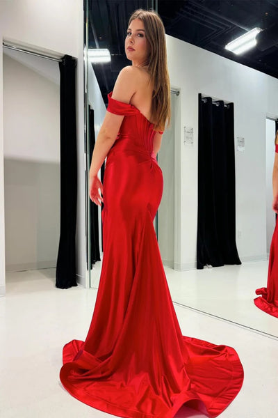 Red Satin Off the Shoulder Mermaid Long Prom Dresses, High Slit Red Formal Graduation Evening Dresses WT1582