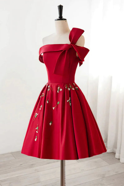 Red Satin Off the Shoulder Prom Dresses with Appliques, Off Shoulder Red Homecoming Dresses, Red Formal Graduation Evening Dresses WT1274