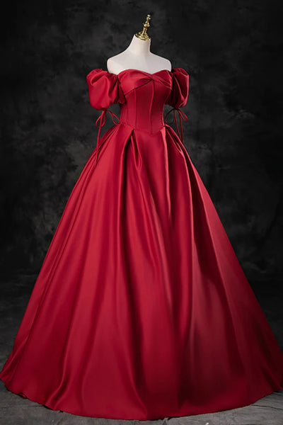 Red Satin Simple Off Shoulder Long Prom Dresses, Off the Shoulder Formal Dresses, Red Evening Dresses WT1329