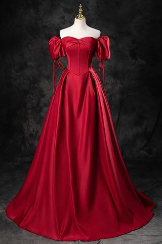 Red Satin Simple Off Shoulder Long Prom Dresses, Off the Shoulder Formal Dresses, Red Evening Dresses WT1329