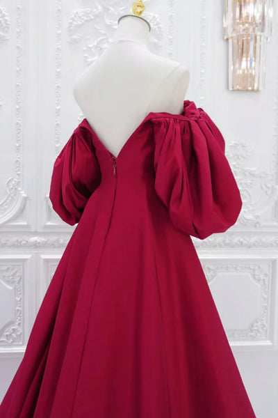 Red Satin V Neck Puff Sleeves Long Prom Dresses, Long Red Formal Graduation Evening Dresses WT1414