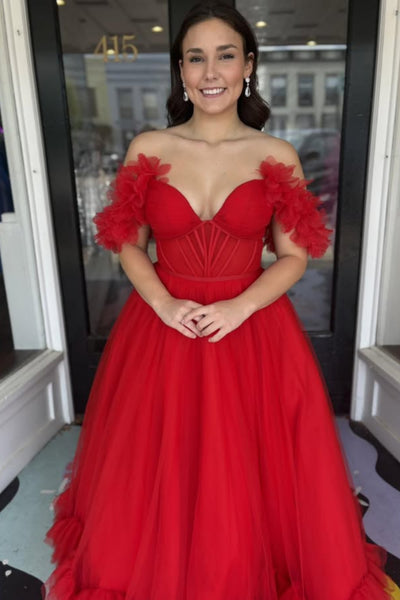 Red Tulle Off the Shoulder Long Prom Dresses, Off Shoulder Formal Dresses, Red Tulle Evening Dresses WT1748