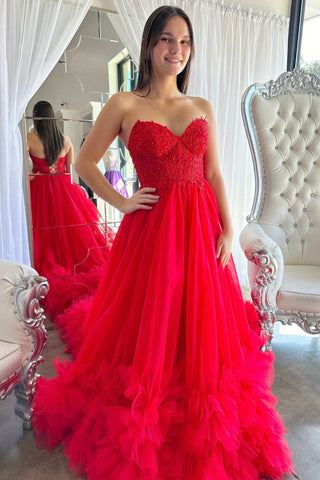 Red Tulle Strapless Lace Long Prom Dresses, Red Lace Formal Dresses, Long Red Evening Dresses WT1388