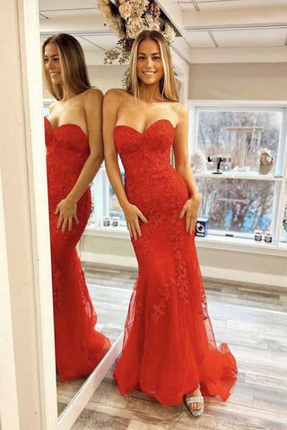 Red Tulle Strapless Sweetheart Neck Mermaid Lace Long Prom Dresses, Mermaid Red Formal Dresses, Red Lace Evening Dresses WT1313