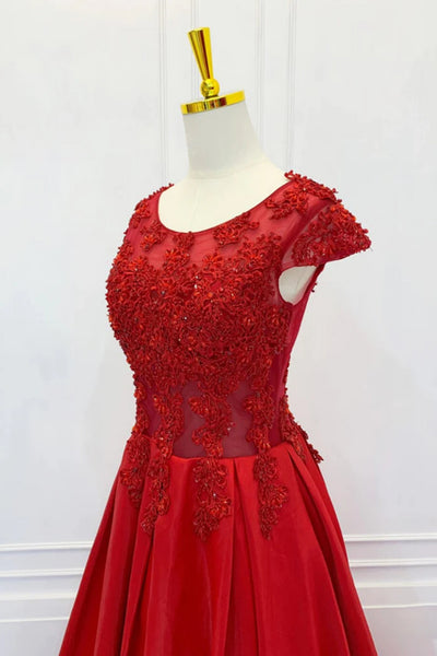 Round Neck Cap Sleeves Red Lace Long Prom Dresses, Red Lace Formal Dresses, Long Red Evening Dresses WT1435