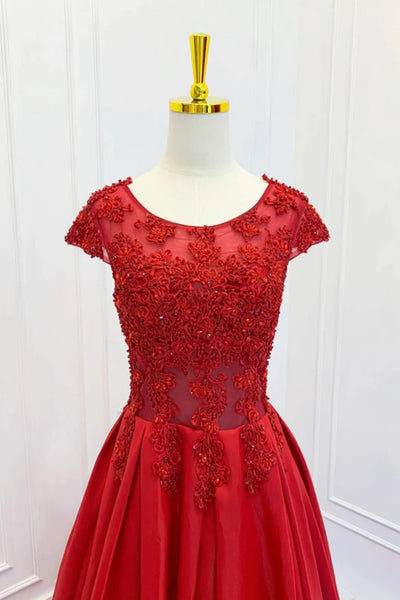 Round Neck Cap Sleeves Red Lace Long Prom Dresses, Red Lace Formal Dresses, Long Red Evening Dresses WT1435