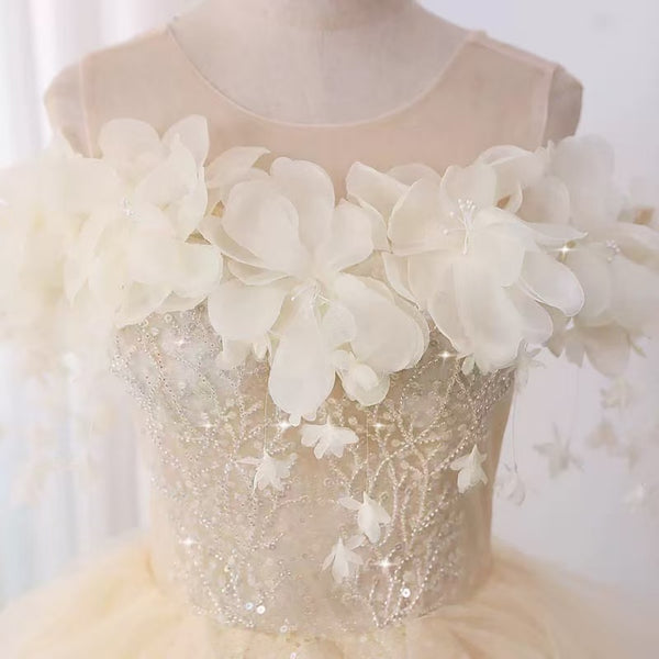 Round Neck Champagne Floral Short Prom Dresses, Champagne Homecoming Dresses with 3D Flowers WT1823