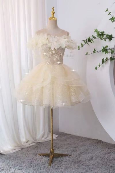 Round Neck Champagne Floral Short Prom Dresses, Champagne Homecoming Dresses with 3D Flowers WT1823