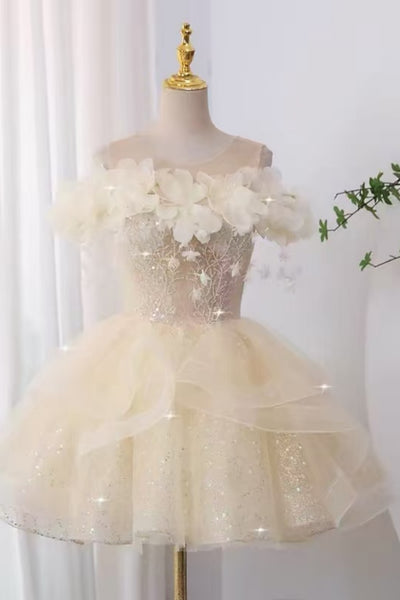 Round Neck Champagne Floral Short Prom Dresses, Champagne Homecoming Dresses with 3D Flowers WT1823