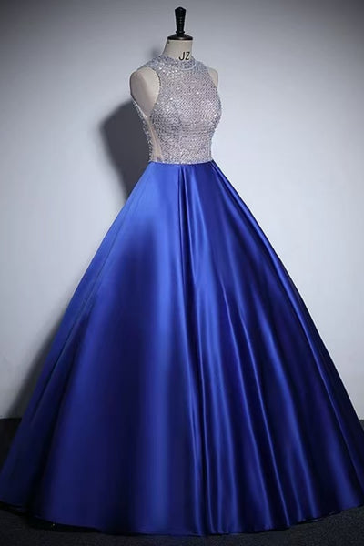 Royal Blue Satin A Line Round Neck Beaded Long Prom Dresses, Royal Blue Satin Formal Evening Dresses WT1811
