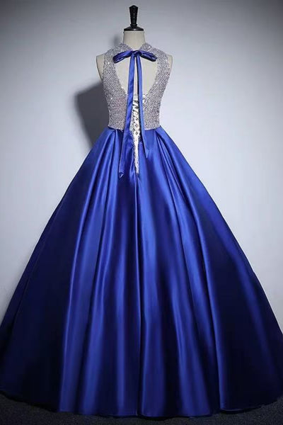 Royal Blue Satin A Line Round Neck Beaded Long Prom Dresses, Royal Blue Satin Formal Evening Dresses WT1811