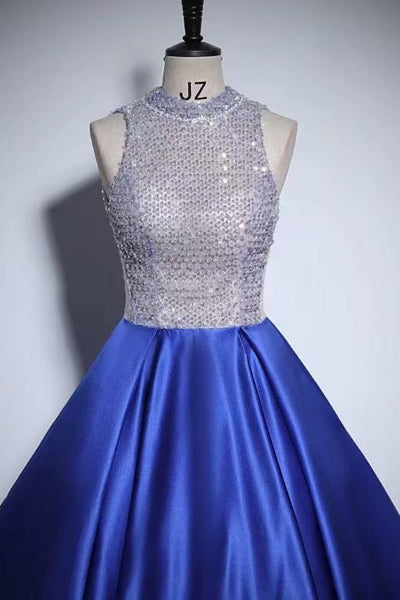Royal Blue Satin A Line Round Neck Beaded Long Prom Dresses, Royal Blue Satin Formal Evening Dresses WT1811