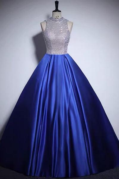 Royal Blue Satin A Line Round Neck Beaded Long Prom Dresses, Royal Blue Satin Formal Evening Dresses WT1811