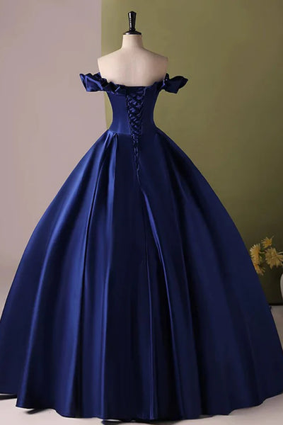 Royal Blue Satin Off the Shoulder Long Prom Dresses, Off Shoulder Blue Formal Graduation Evening Dresses WT1556
