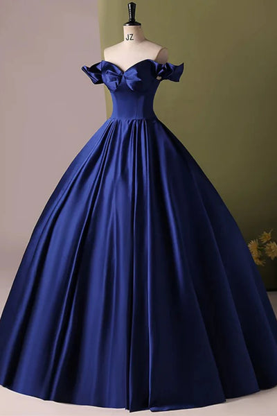 Royal Blue Satin Off the Shoulder Long Prom Dresses, Off Shoulder Blue Formal Graduation Evening Dresses WT1556