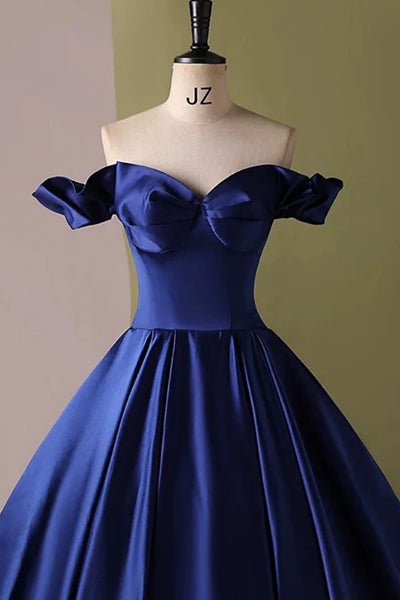 Royal Blue Satin Off the Shoulder Long Prom Dresses, Off Shoulder Blue Formal Graduation Evening Dresses WT1556