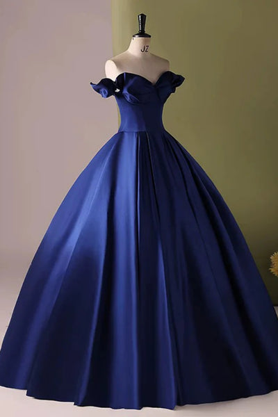 Royal Blue Satin Off the Shoulder Long Prom Dresses, Off Shoulder Blue Formal Graduation Evening Dresses WT1556