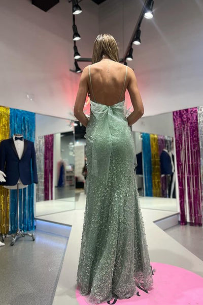 Sage A Line V Neck Backless Lace Long Prom Dresses with High Slit, Sage Lace Formal Dresses, Sage Evening Dresses WT1486