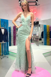 Sage A Line V Neck Backless Lace Long Prom Dresses with High Slit, Sage Lace Formal Dresses, Sage Evening Dresses WT1486