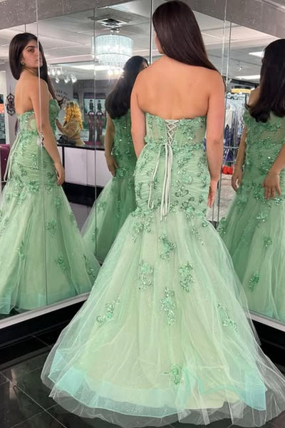 Sage Strapless Mermaid Lace Floral Long Prom Dresses, Mermaid Sage Formal Dresses, Sage Lace Evening Dresses WT1792