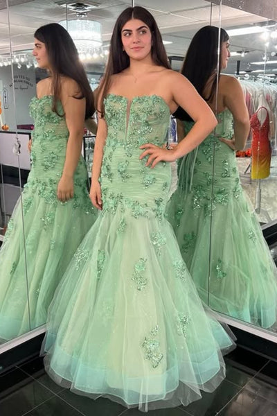 Sage Strapless Mermaid Lace Floral Long Prom Dresses, Mermaid Sage Formal Dresses, Sage Lace Evening Dresses WT1792