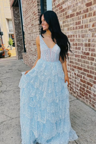 Shiny A Line V Neck Layered Light Blue Lace Long Prom Dresses, Light Blue Lace Formal Graduation Evening Dresses WT1800