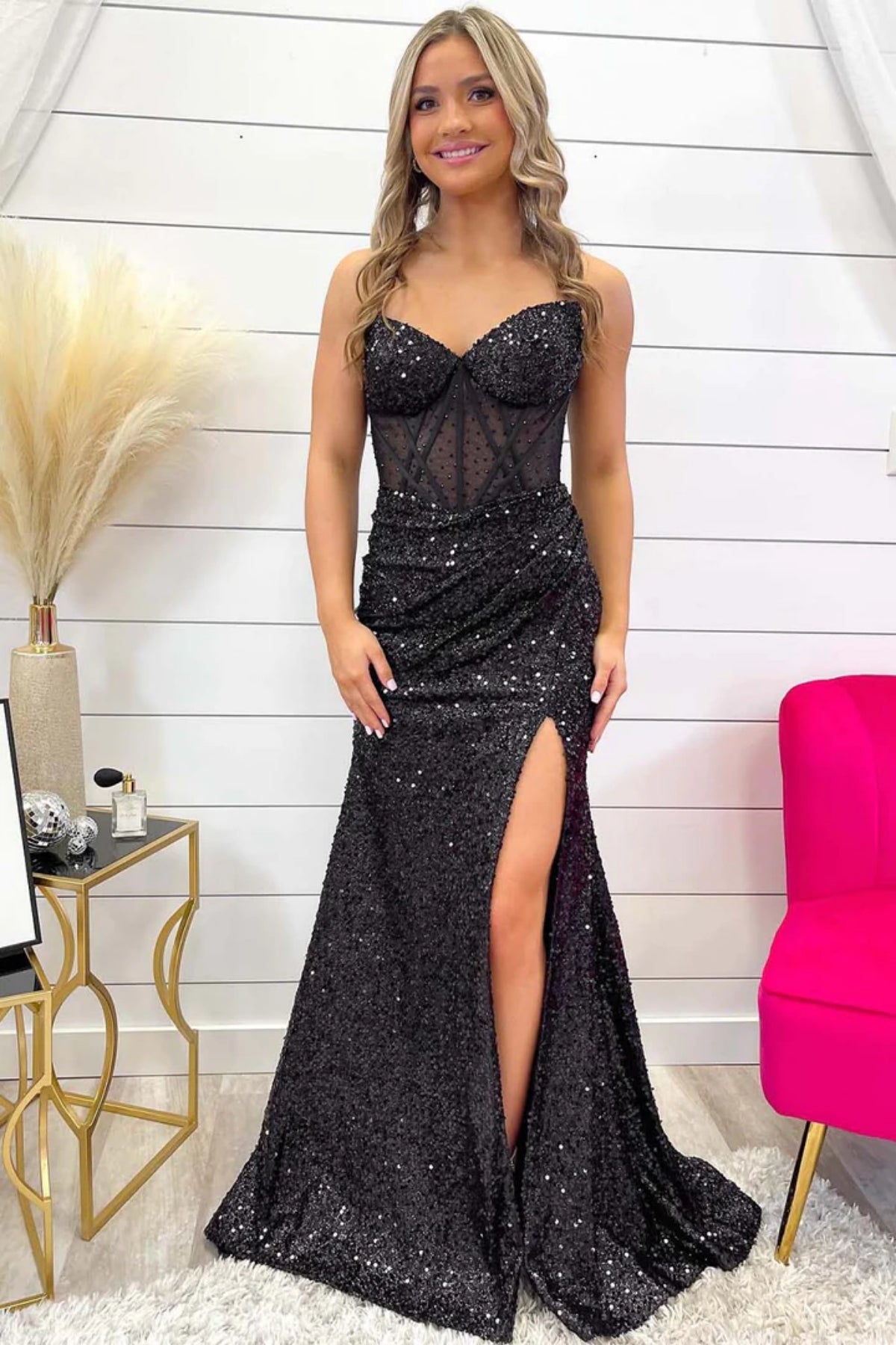 Shiny Black Sequins Mermaid Long Prom Dresses with High Slit, Mermaid Black Formal Dresses, Black Evening Dresses WT1467