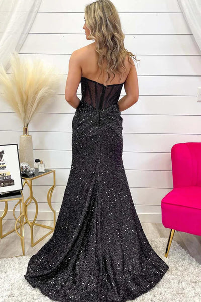 Shiny Black Sequins Mermaid Long Prom Dresses with High Slit, Mermaid Black Formal Dresses, Black Evening Dresses WT1467