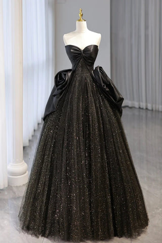 Shiny Black Tulle Strapless Long Prom Dresses, Black Tulle Formal Evening Dresses WT1418