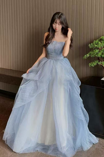 Shiny Blue Tulle Strapless Beaded Long Prom Dresses, Blue Formal Evening Dresses, Ball Gown
