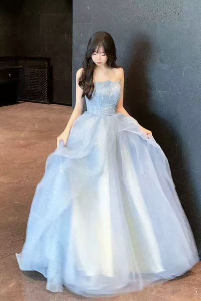 Shiny Blue Tulle Strapless Beaded Long Prom Dresses, Blue Formal Evening Dresses, Ball Gown