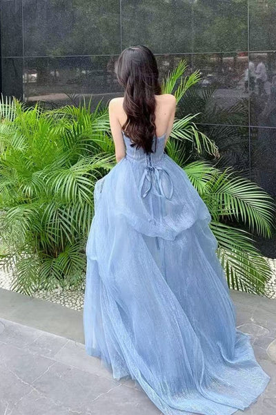 Shiny Blue Tulle Strapless Beaded Long Prom Dresses, Blue Formal Evening Dresses, Ball Gown