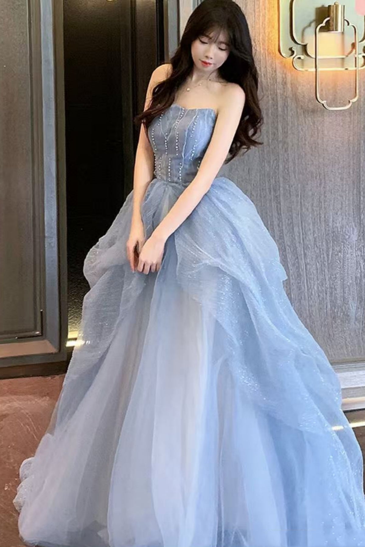 Shiny Blue Tulle Strapless Beaded Long Prom Dresses, Blue Formal Evening Dresses, Ball Gown