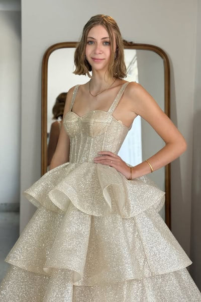 Shiny Champagne Tulle Sweetheart Neck Layered Long Prom Dresses, Champagne Tulle Formal Evening Dresses, Ball Gown WT1754