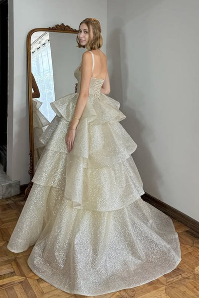 Shiny Champagne Tulle Sweetheart Neck Layered Long Prom Dresses, Champagne Tulle Formal Evening Dresses, Ball Gown WT1754