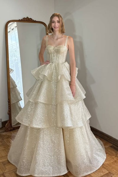 Shiny Champagne Tulle Sweetheart Neck Layered Long Prom Dresses, Champagne Tulle Formal Evening Dresses, Ball Gown WT1754