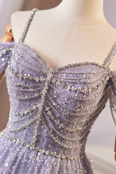 Shiny Lilac Tulle Off Shoulder Floor Length Beaded Long Prom Dresses, Off the Shoulder Lilac Formal Graduation Evening Dresses with Beadings WT1553