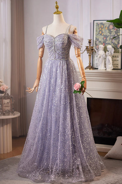 Shiny Lilac Tulle Off Shoulder Floor Length Beaded Long Prom Dresses, Off the Shoulder Lilac Formal Graduation Evening Dresses with Beadings WT1553