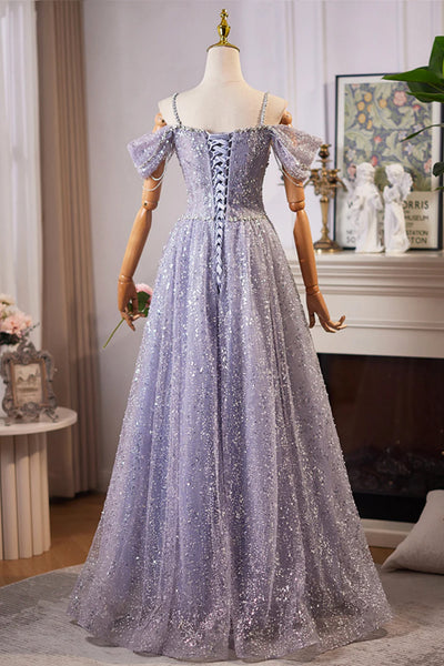 Shiny Lilac Tulle Off Shoulder Floor Length Beaded Long Prom Dresses, Off the Shoulder Lilac Formal Graduation Evening Dresses with Beadings WT1553