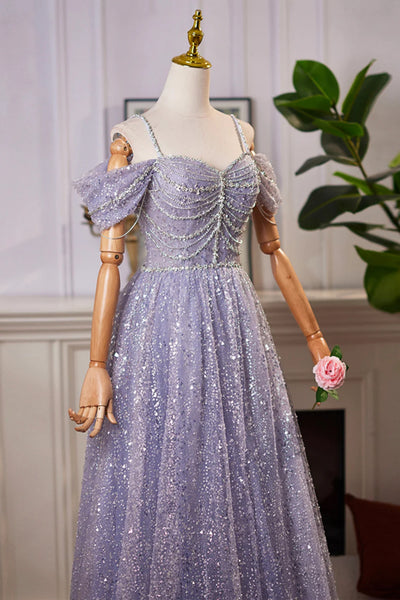 Shiny Lilac Tulle Off Shoulder Floor Length Beaded Long Prom Dresses, Off the Shoulder Lilac Formal Graduation Evening Dresses with Beadings WT1553