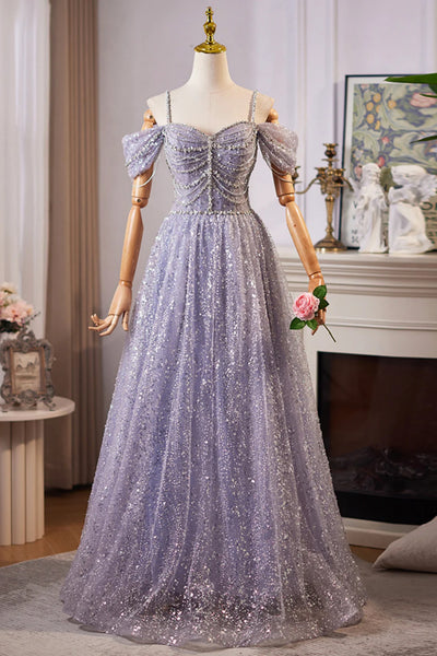 Shiny Lilac Tulle Off Shoulder Floor Length Beaded Long Prom Dresses, Off the Shoulder Lilac Formal Graduation Evening Dresses with Beadings WT1553