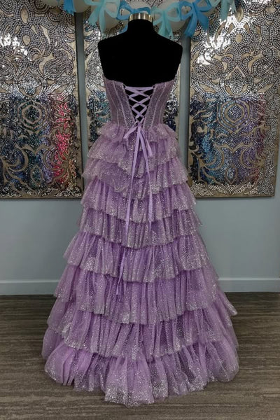 Shiny Lilac Tulle Sweetheart Neck Layered Long Prom Dresses, Lilac Tulle Formal Evening Dresses WT1708
