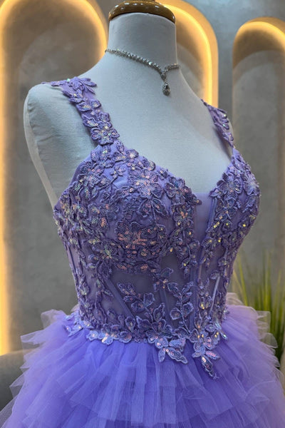 Shiny Lilac Tulle V Neck Lace Sequins Short Prom Dresses, Lilac Lace Homecoming Dresses, Lilac Formal Graduation Evening Dresses WT1643