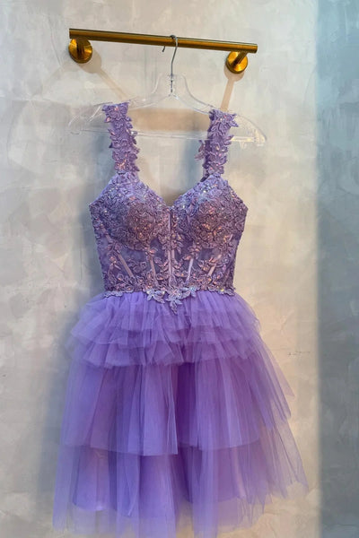 Shiny Lilac Tulle V Neck Lace Sequins Short Prom Dresses, Lilac Lace Homecoming Dresses, Lilac Formal Graduation Evening Dresses WT1643