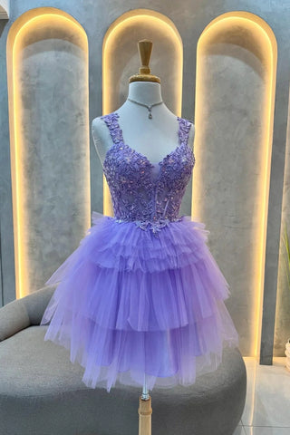 Shiny Lilac Tulle V Neck Lace Sequins Short Prom Dresses, Lilac Lace Homecoming Dresses, Lilac Formal Graduation Evening Dresses WT1643