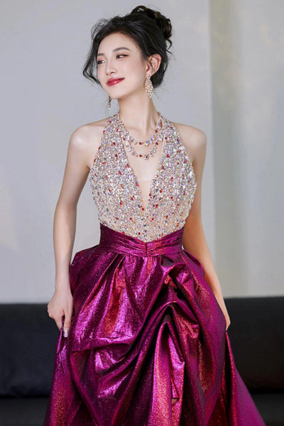 Shiny Metallic Halter V Neck Neck Beaded Fuchsia Long Prom Dresses with High Slit, Fuchsia Formal Graduation Evening Dresses with Train WT1848