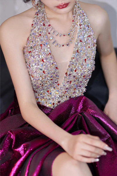 Shiny Metallic Halter V Neck Neck Beaded Fuchsia Long Prom Dresses with High Slit, Fuchsia Formal Graduation Evening Dresses with Train WT1848